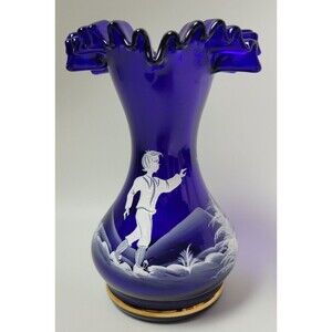 Vintage Egermann Blue Mary Gregory Hand Painted Ruffle Top Czech Glass Vase‎